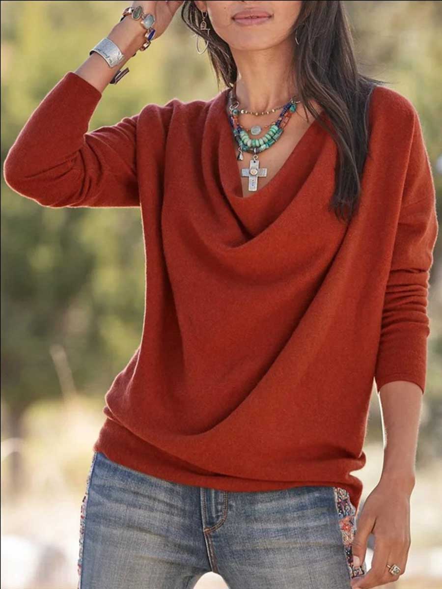 Bellevoga Stacked Neck Solid Color Sweater Sweatshirt