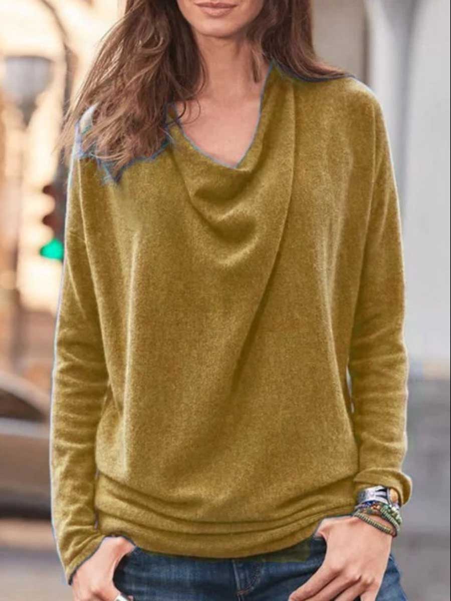 Bellevoga Stacked Neck Solid Color Sweater Sweatshirt