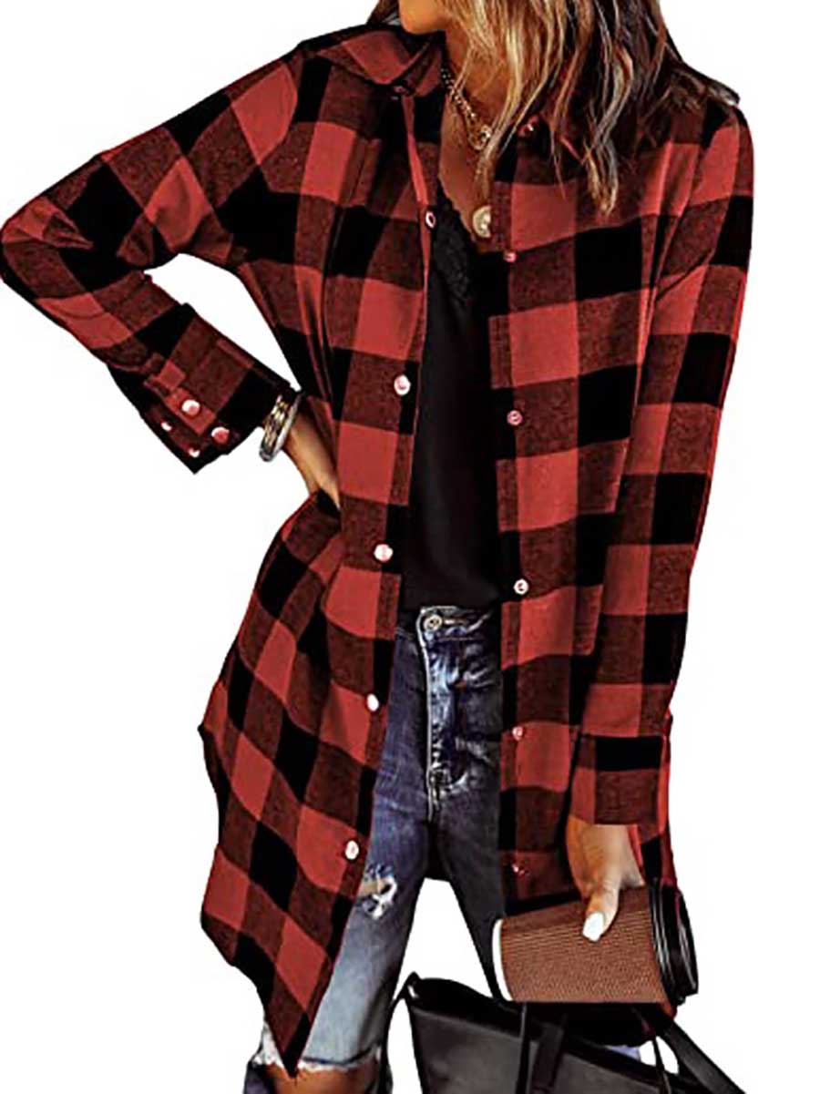 Bellevoga Lapel Buttoned Plaid Shirt Jacket