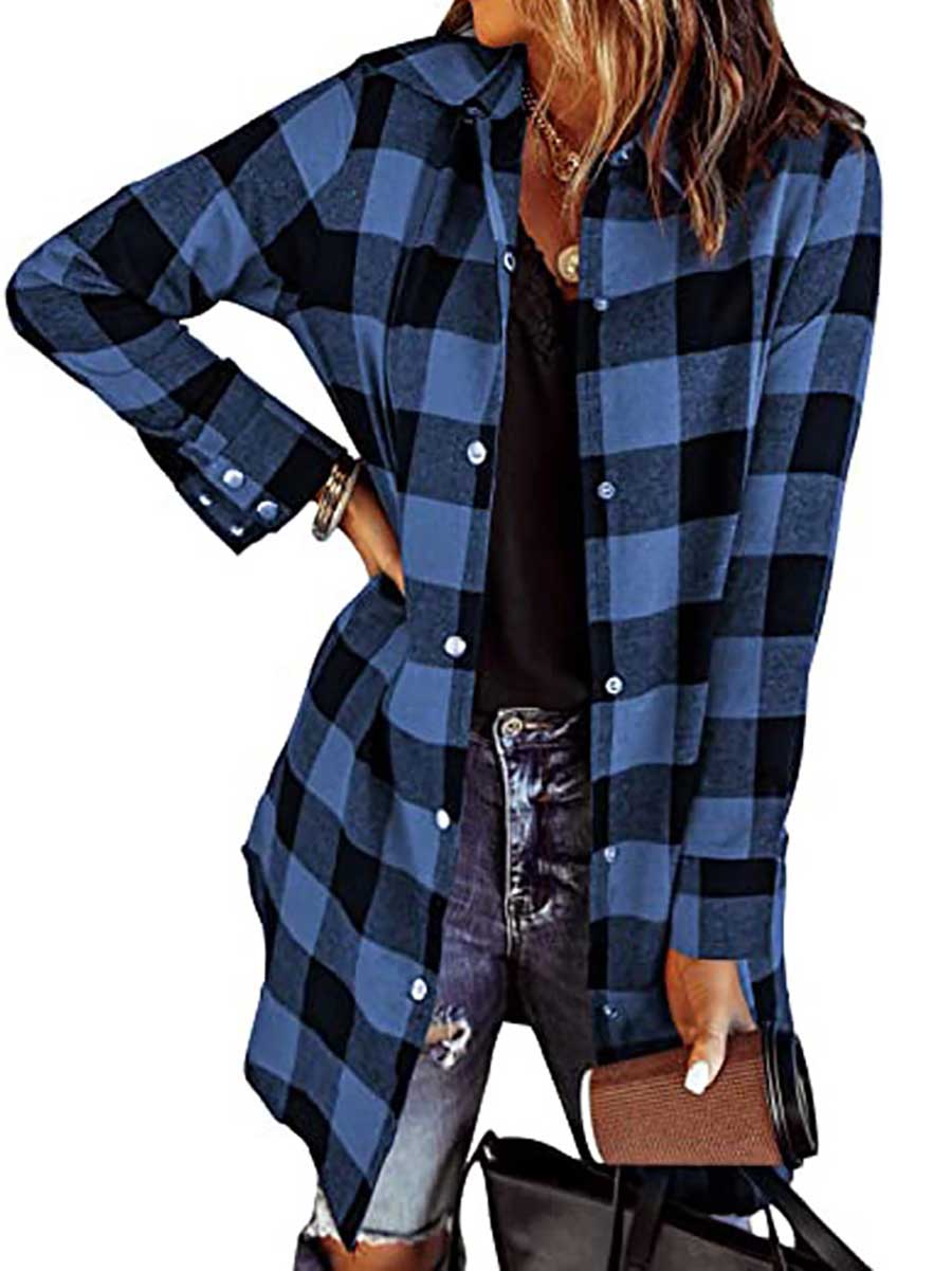 Bellevoga Lapel Buttoned Plaid Shirt Jacket