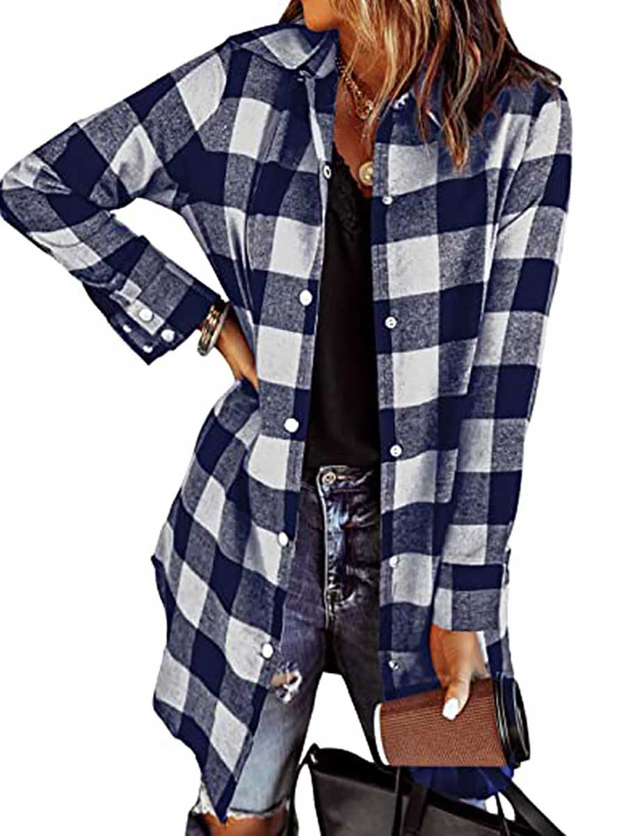 Bellevoga Lapel Buttoned Plaid Shirt Jacket