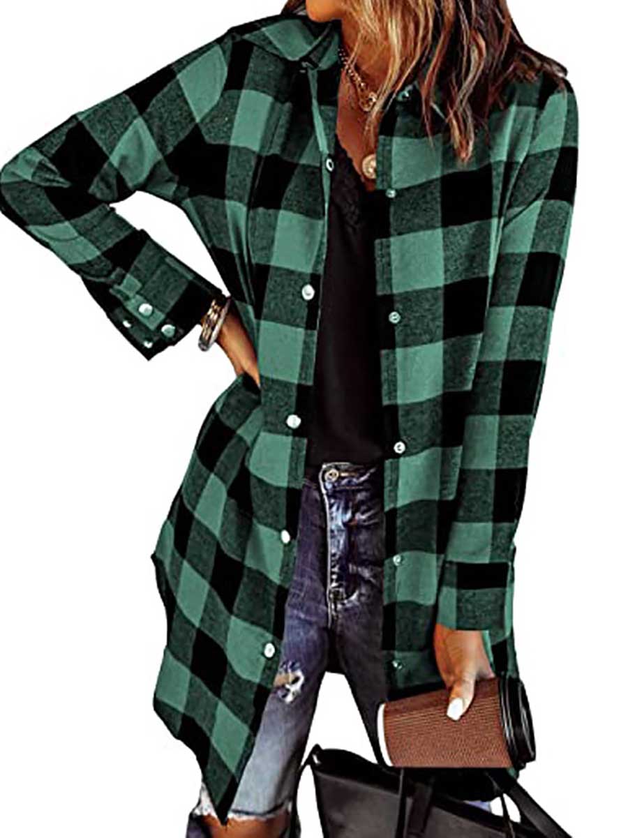 Bellevoga Lapel Buttoned Plaid Shirt Jacket