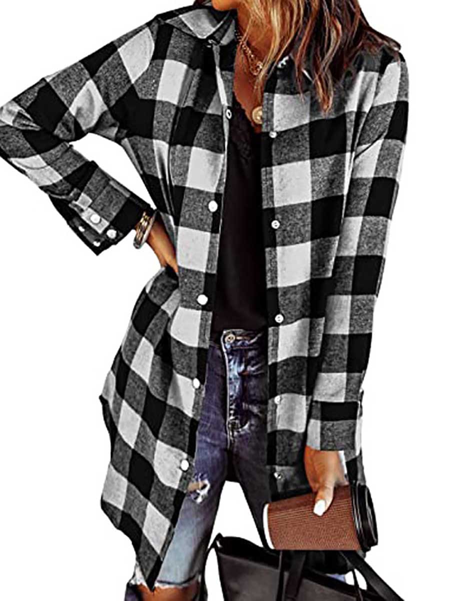 Bellevoga Lapel Buttoned Plaid Shirt Jacket