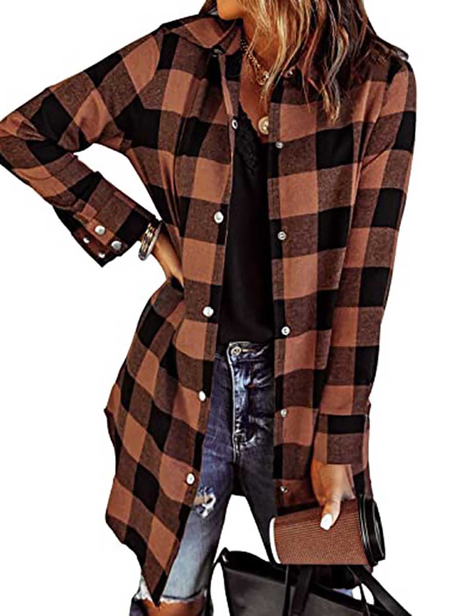 Bellevoga Lapel Buttoned Plaid Shirt Jacket