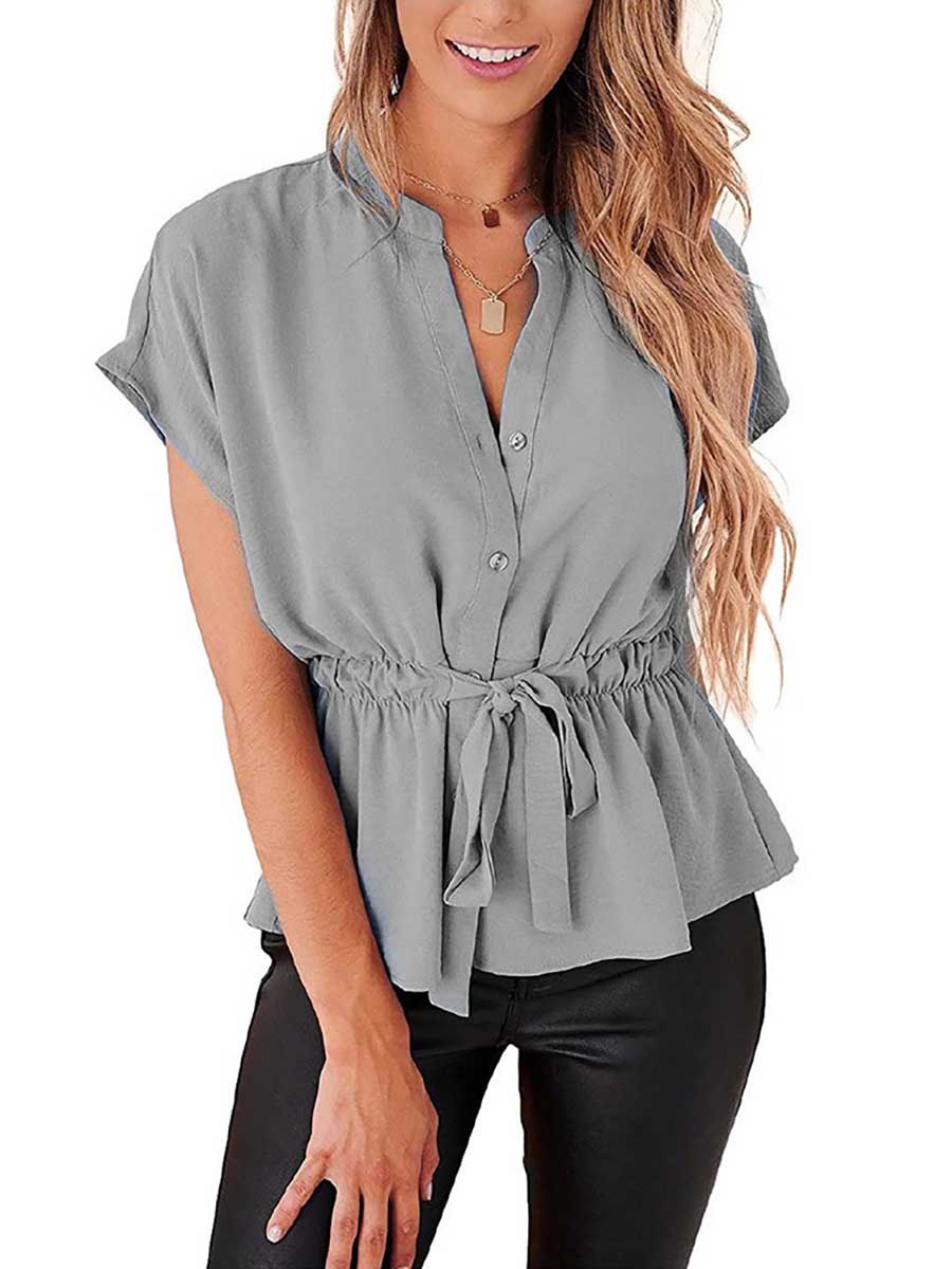 Bellevoga V-Neck Drawstring Belt Chiffon Bat Shirt