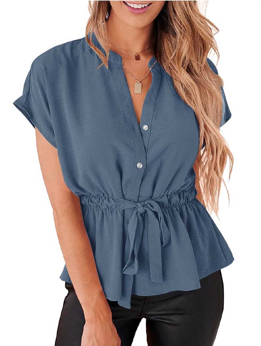 Bellevoga V-Neck Drawstring Belt Chiffon Bat Shirt