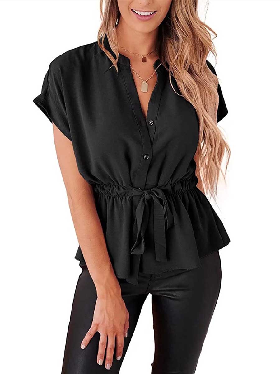 Bellevoga V-Neck Drawstring Belt Chiffon Bat Shirt