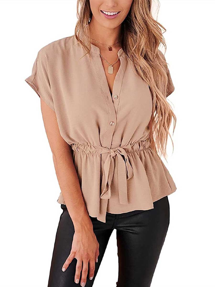 Bellevoga V-Neck Drawstring Belt Chiffon Bat Shirt