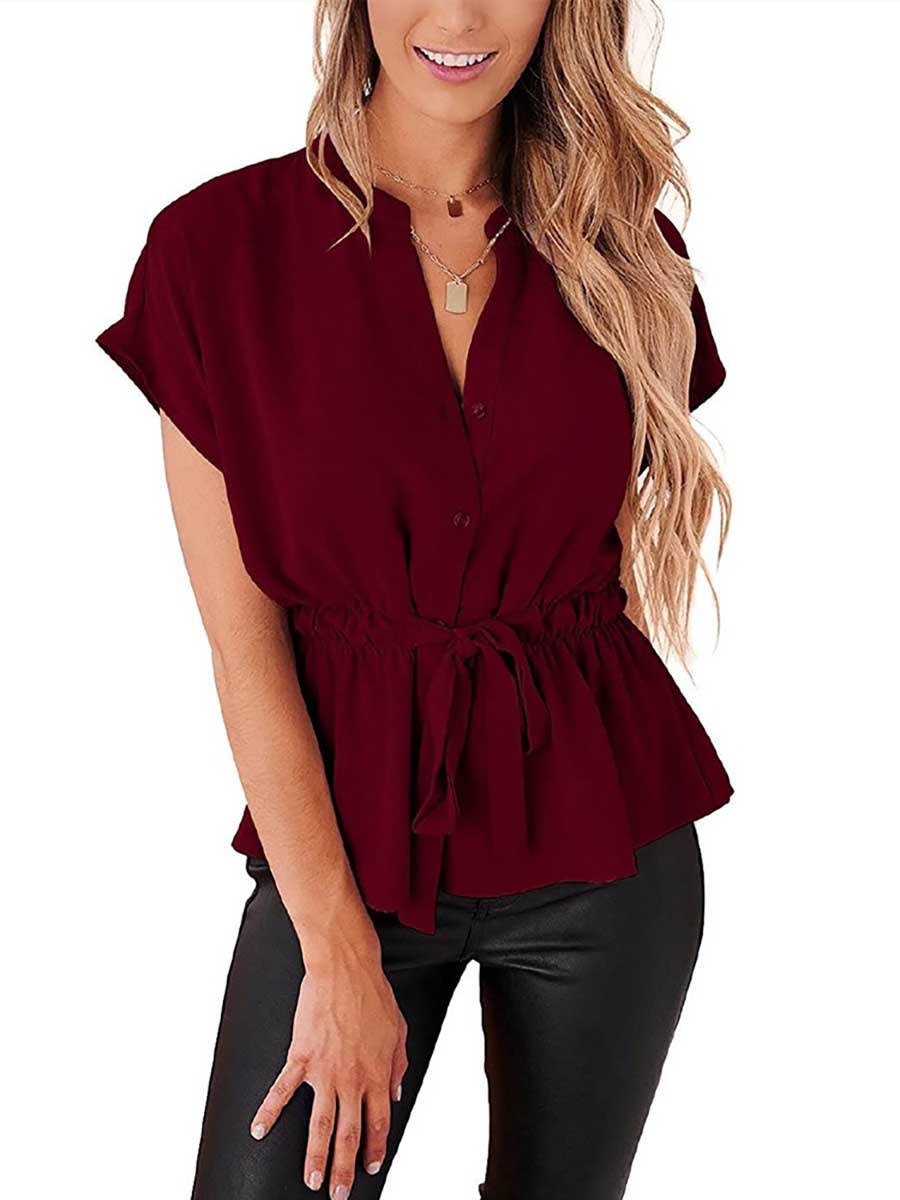 Bellevoga V-Neck Drawstring Belt Chiffon Bat Shirt