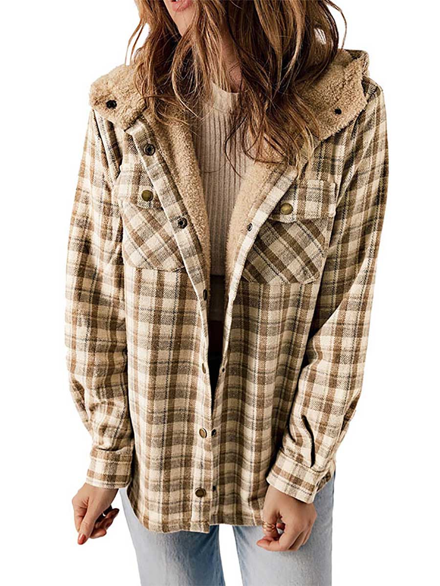 Bellevoga Plaid Long Sleeve Shirt Hooded Thickened Jacket