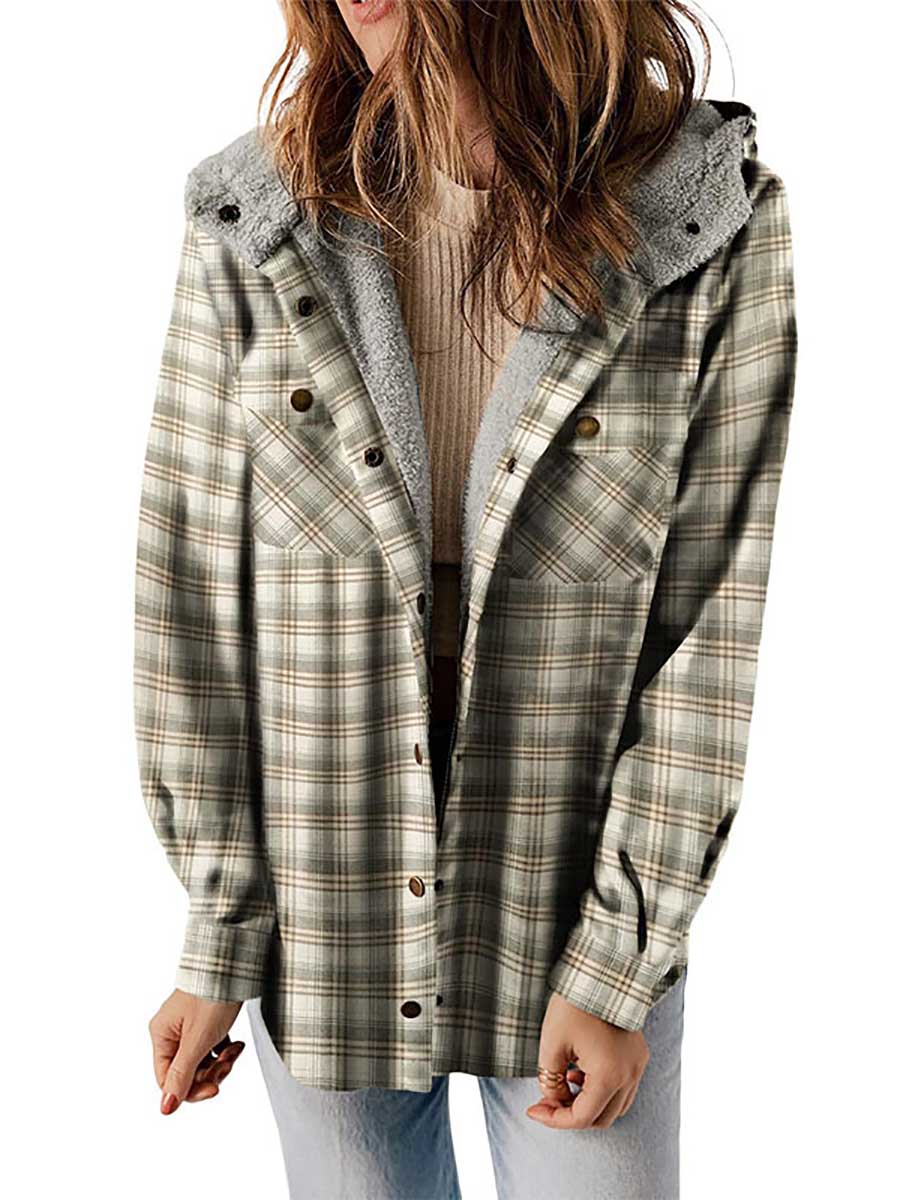 Bellevoga Plaid Long Sleeve Shirt Hooded Thickened Jacket