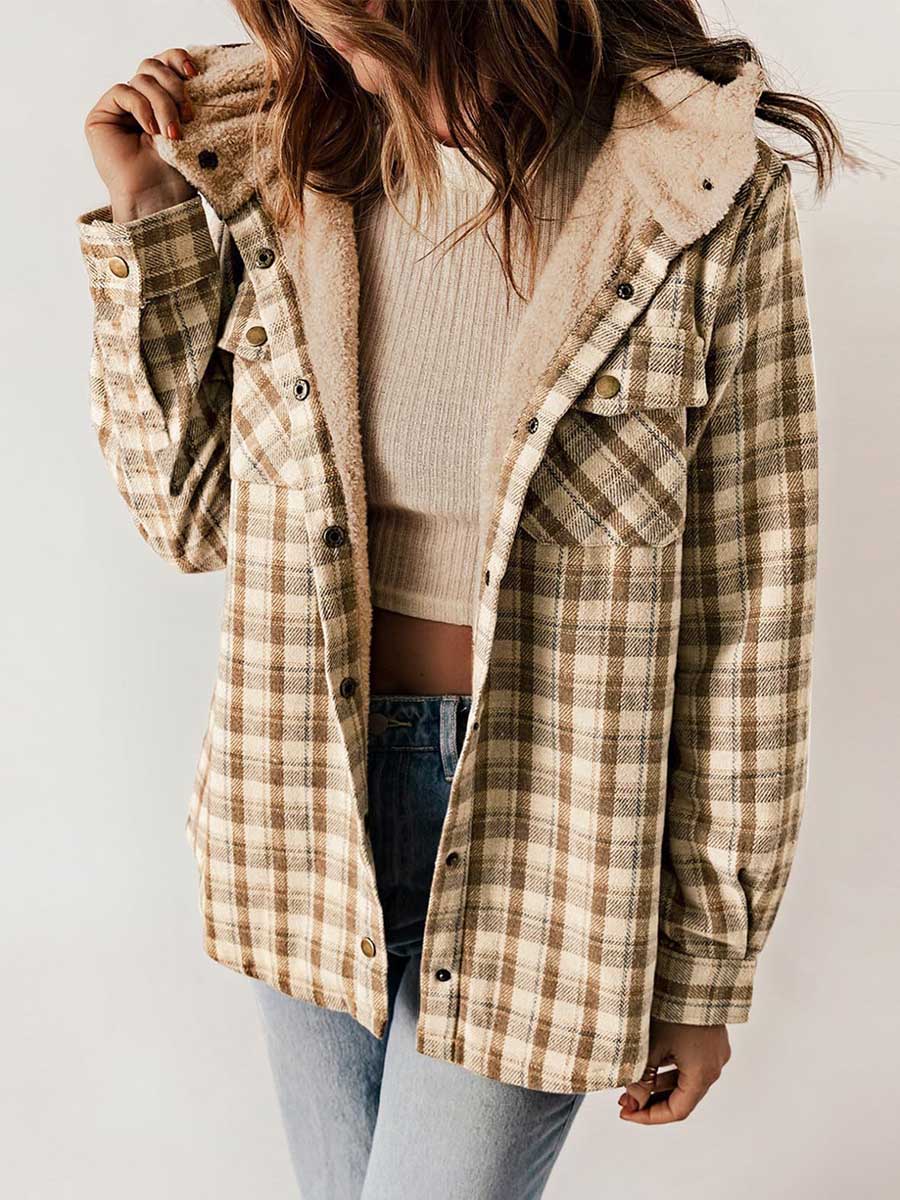 Bellevoga Plaid Long Sleeve Shirt Hooded Thickened Jacket