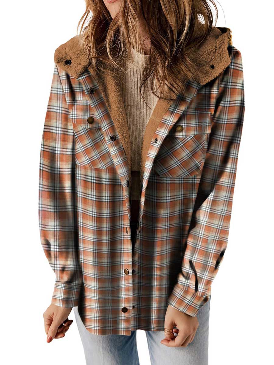 Bellevoga Plaid Long Sleeve Shirt Hooded Thickened Jacket