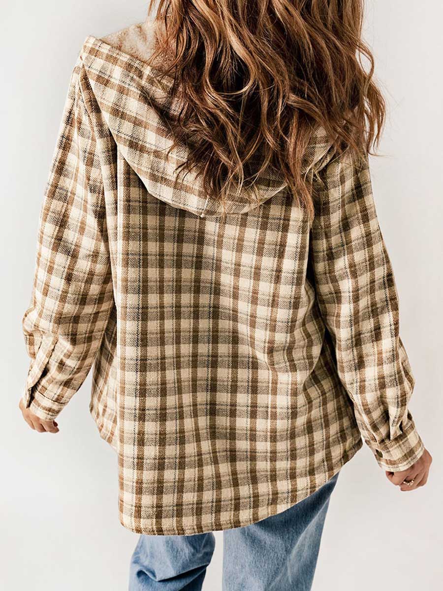 Bellevoga Plaid Long Sleeve Shirt Hooded Thickened Jacket