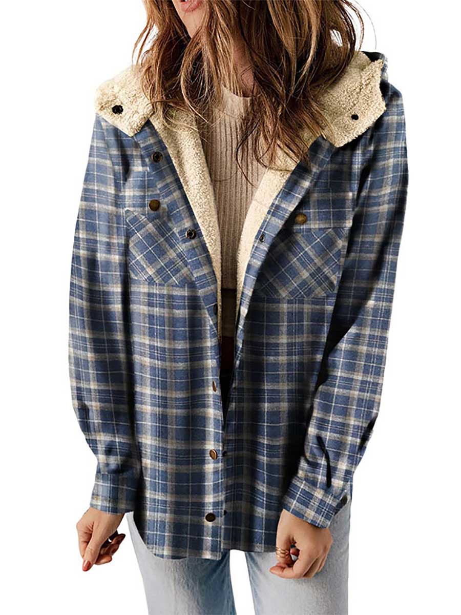 Bellevoga Plaid Long Sleeve Shirt Hooded Thickened Jacket