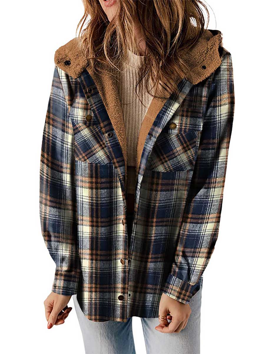 Bellevoga Plaid Long Sleeve Shirt Hooded Thickened Jacket