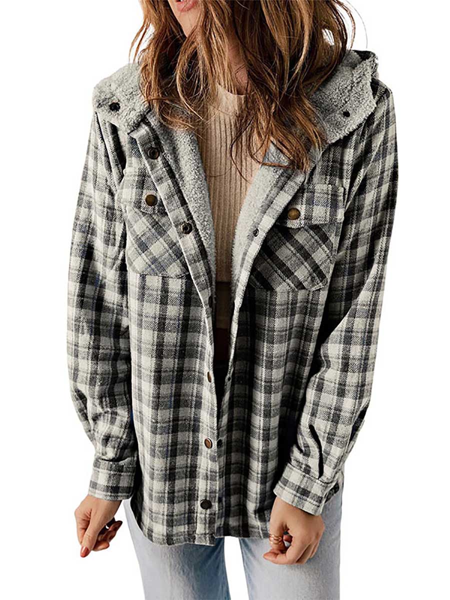 Bellevoga Plaid Long Sleeve Shirt Hooded Thickened Jacket