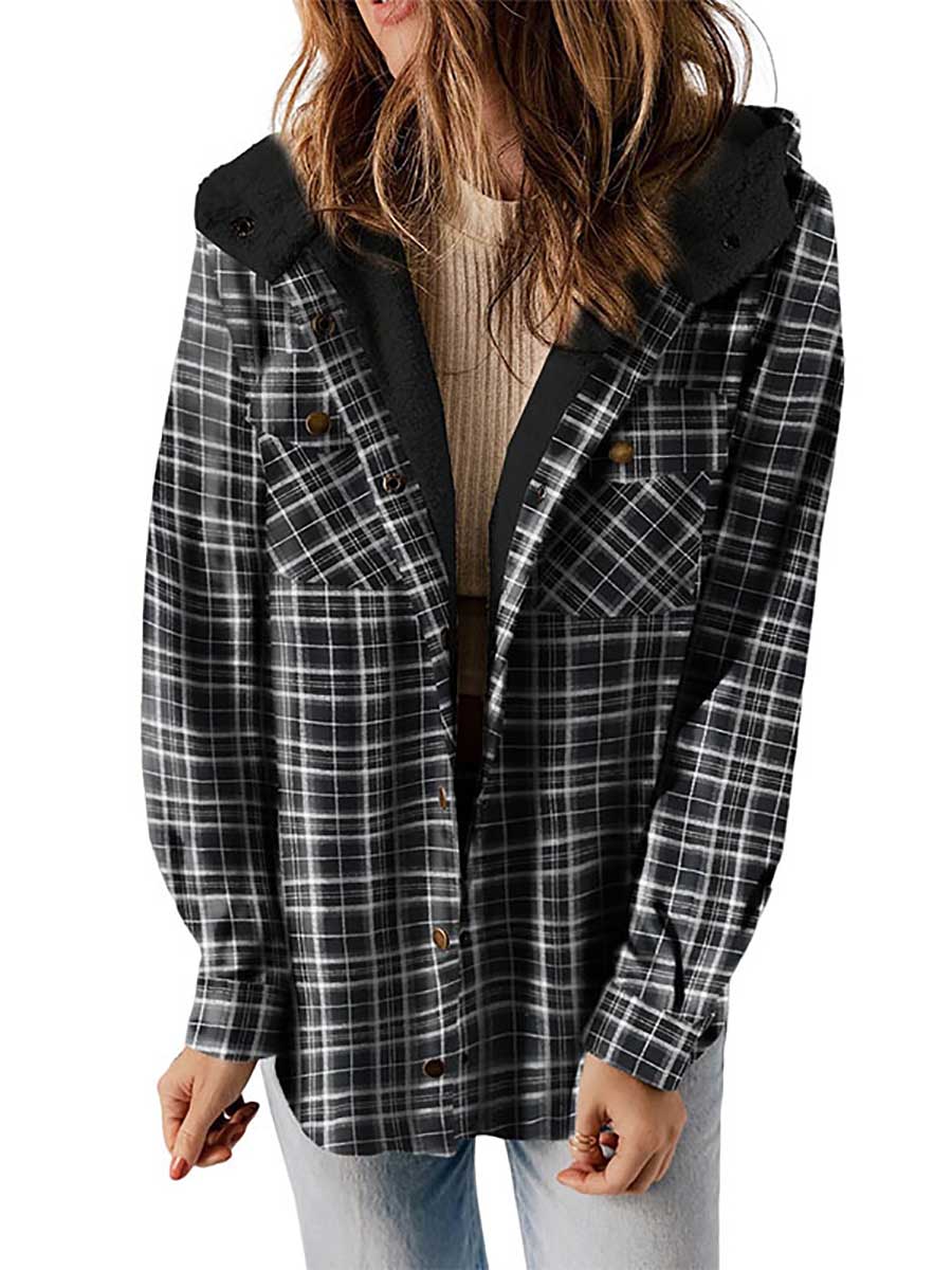 Bellevoga Plaid Long Sleeve Shirt Hooded Thickened Jacket