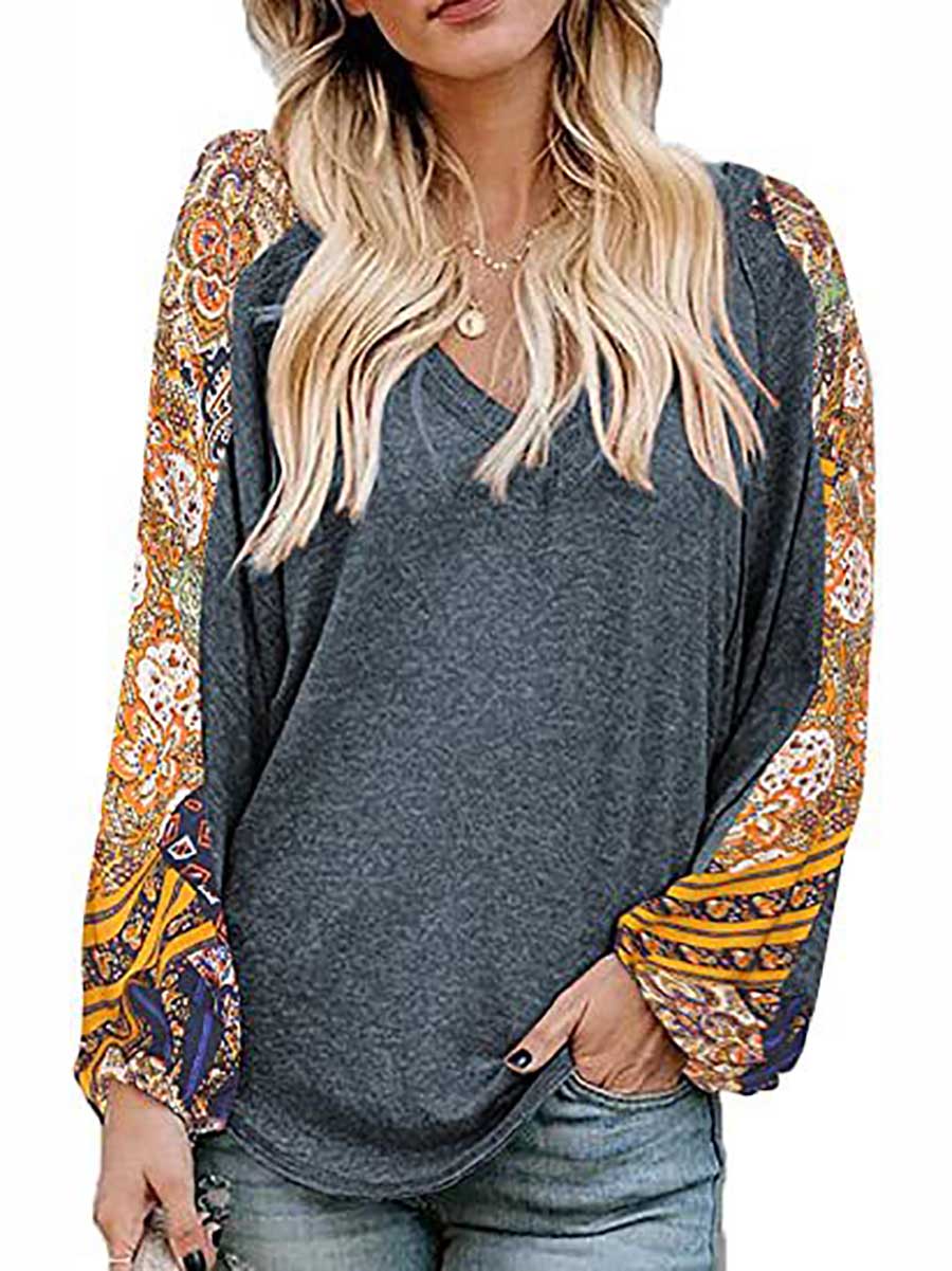 Bellevoga V-Neck Printed Bubble Sleeve Long Sleeve T-Shirt