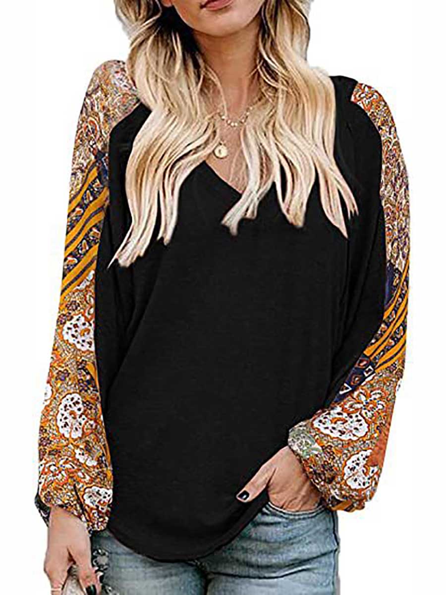 Bellevoga V-Neck Printed Bubble Sleeve Long Sleeve T-Shirt