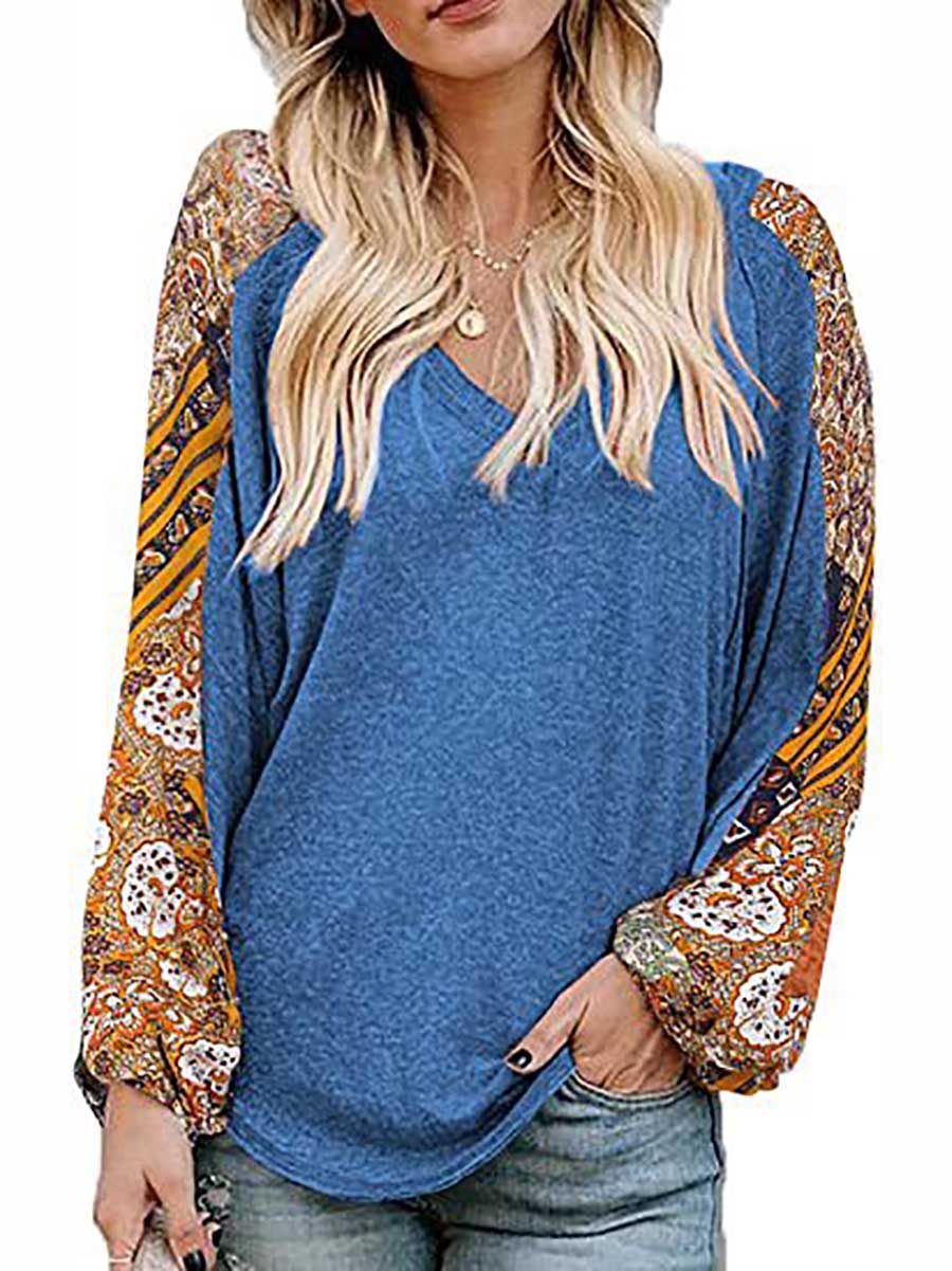 Bellevoga V-Neck Printed Bubble Sleeve Long Sleeve T-Shirt