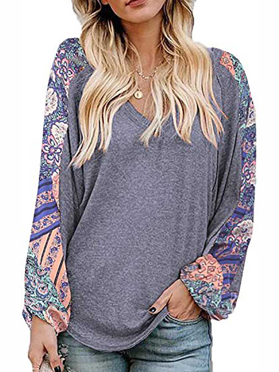 Bellevoga V-Neck Printed Bubble Sleeve Long Sleeve T-Shirt