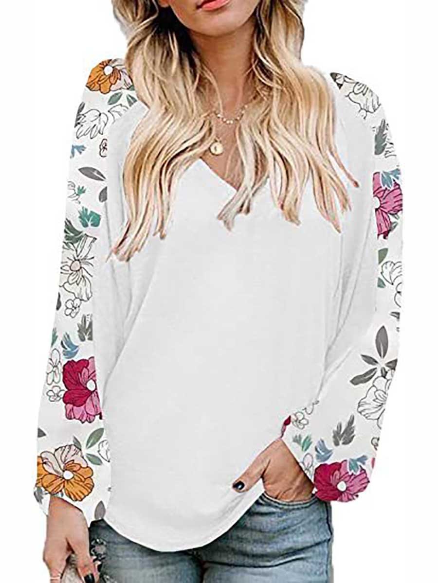 Bellevoga V-Neck Printed Bubble Sleeve Long Sleeve T-Shirt