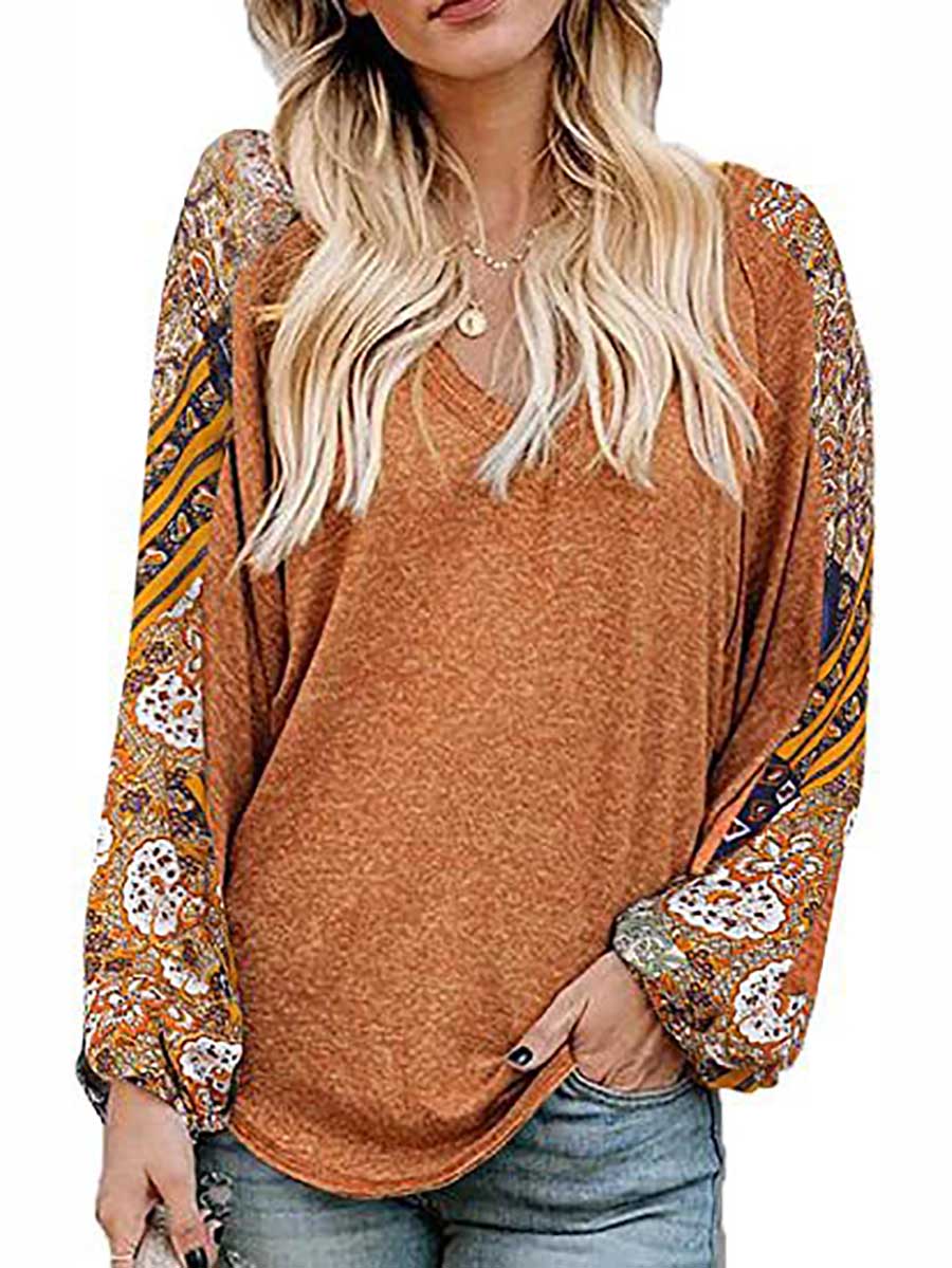 Bellevoga V-Neck Printed Bubble Sleeve Long Sleeve T-Shirt