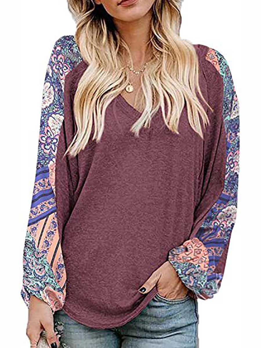 Bellevoga V-Neck Printed Bubble Sleeve Long Sleeve T-Shirt