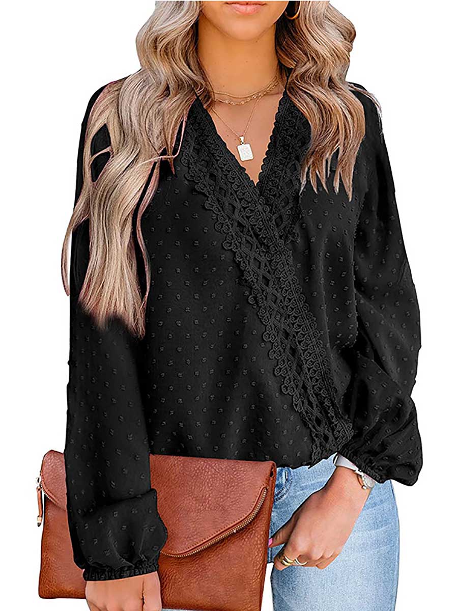 Bellevoga Chiffon Casual Lace Blouse V-Neck Top