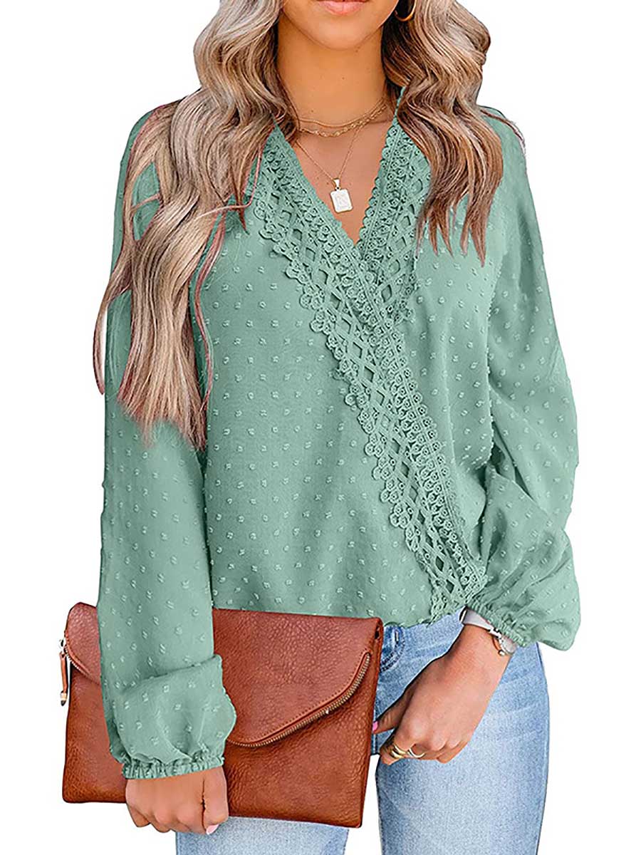 Bellevoga Chiffon Casual Lace Blouse V-Neck Top