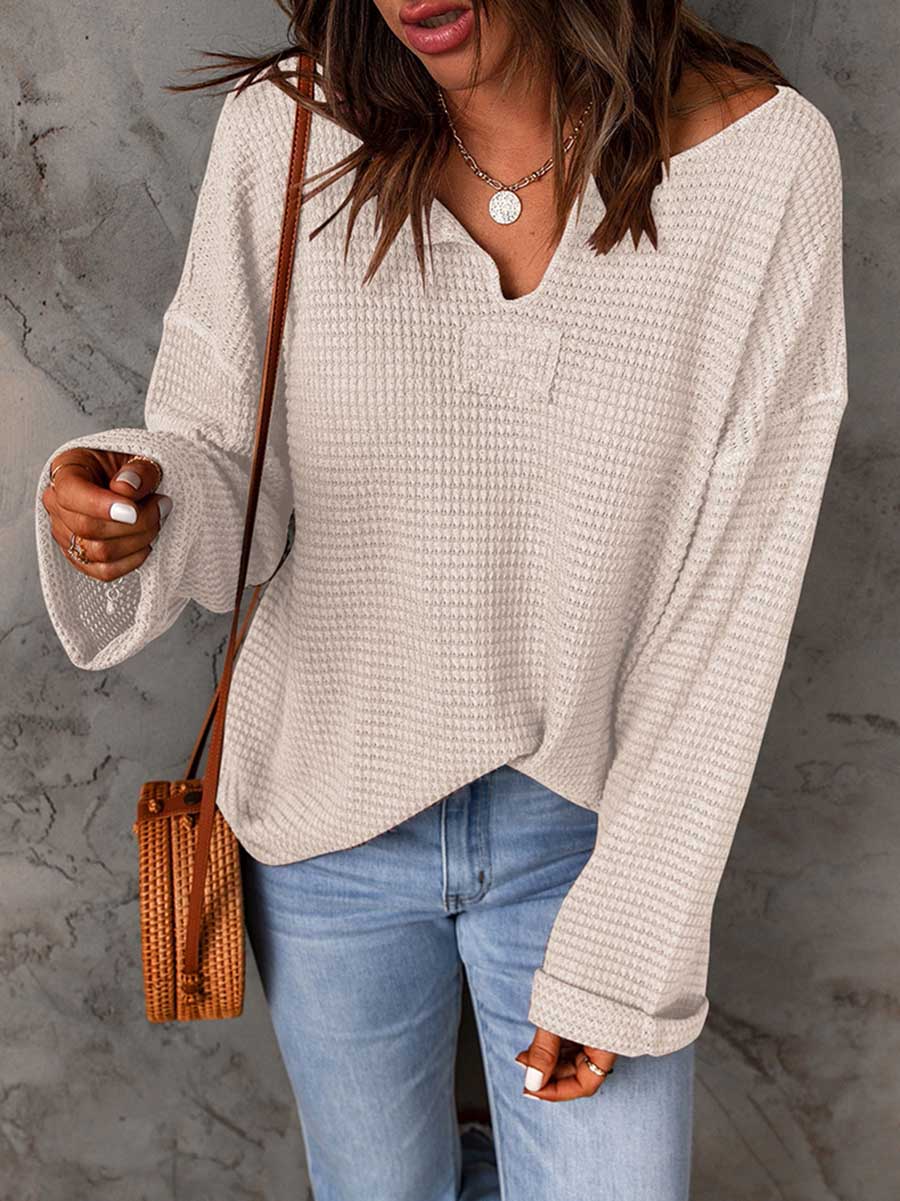 Bellevoga Waffle Knit Long Sleeve V-Neck Sweater