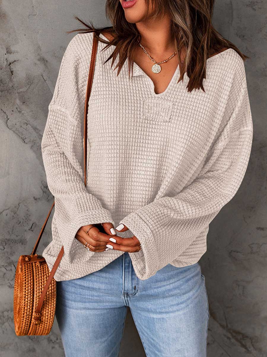 Bellevoga Waffle Knit Long Sleeve V-Neck Sweater