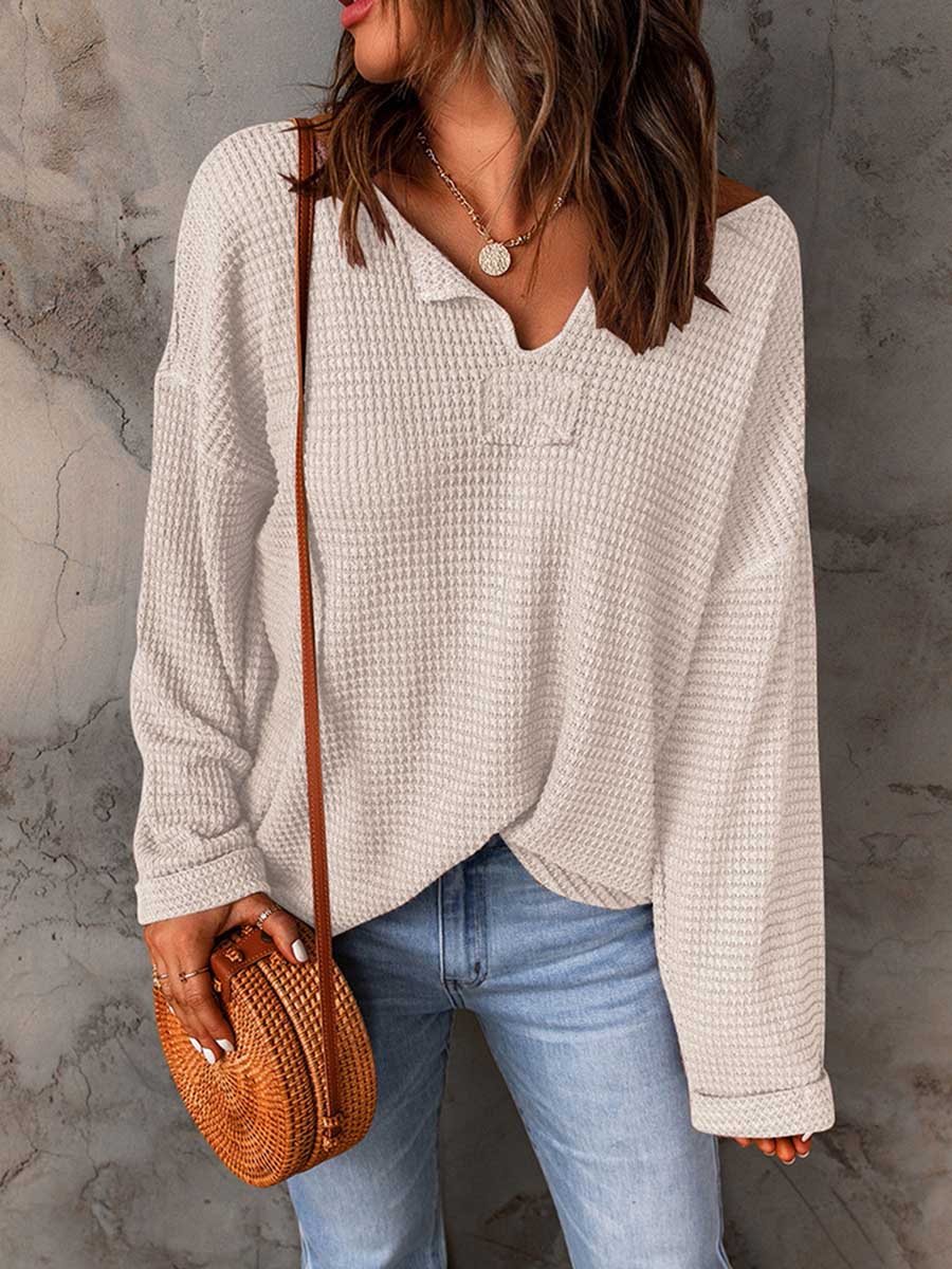 Bellevoga Waffle Knit Long Sleeve V-Neck Sweater