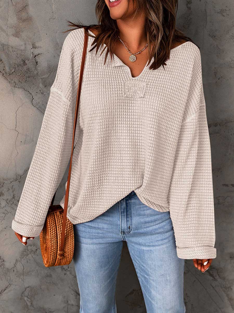 Bellevoga Waffle Knit Long Sleeve V-Neck Sweater