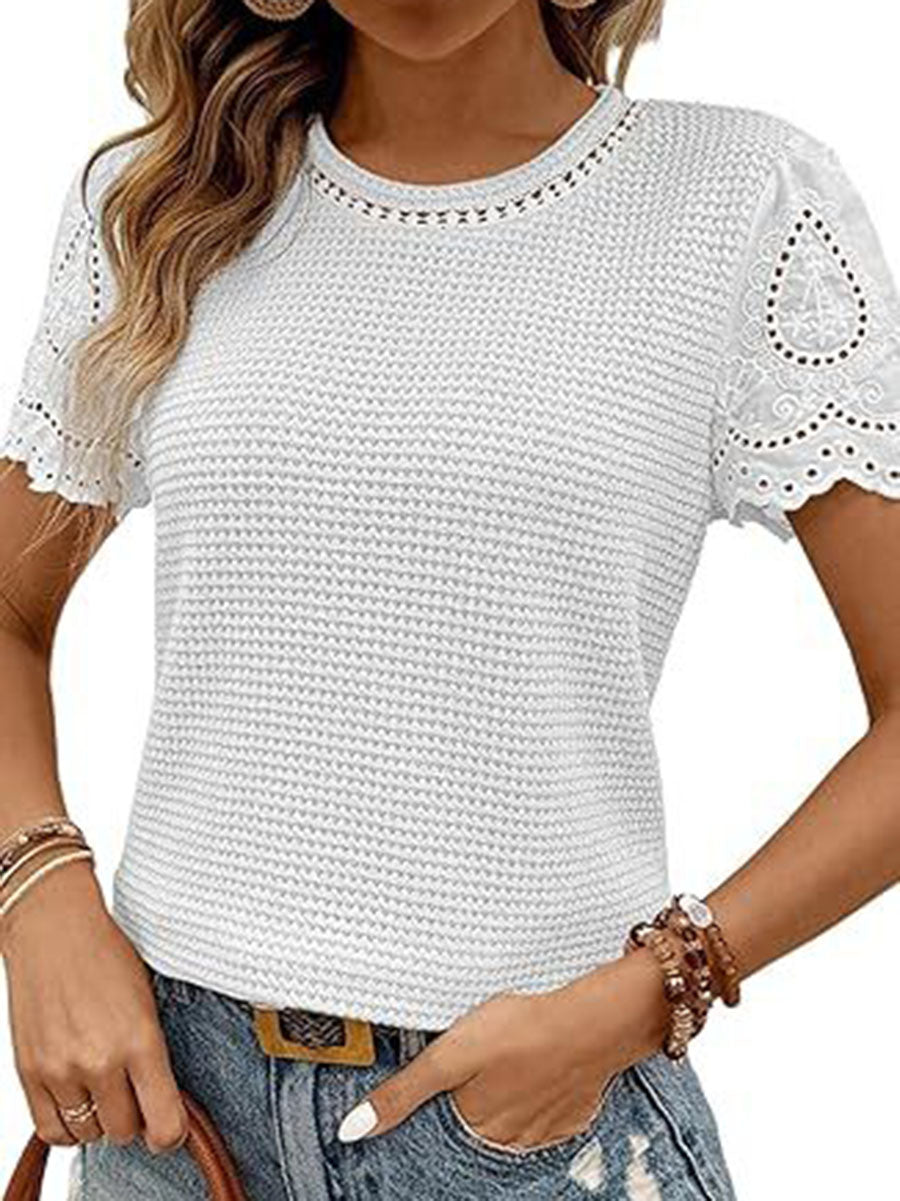 Lace patchwork short sleeve T-shirt crew-neck top