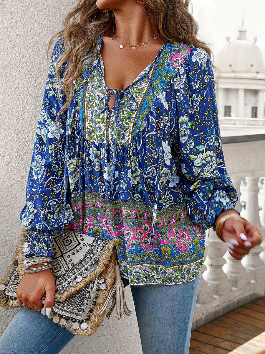 Printed V-neck long-sleeved shirt