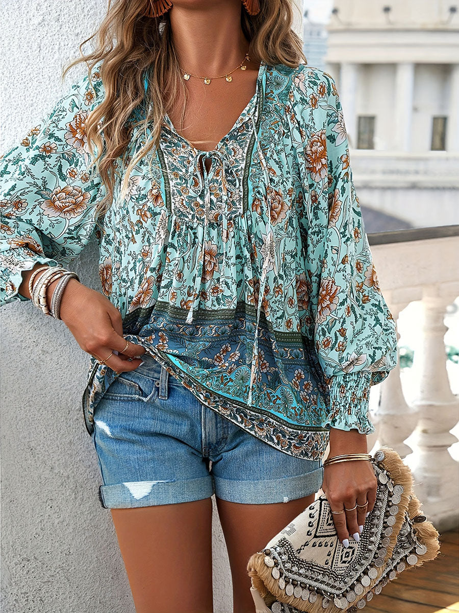 Printed V-neck long-sleeved shirt