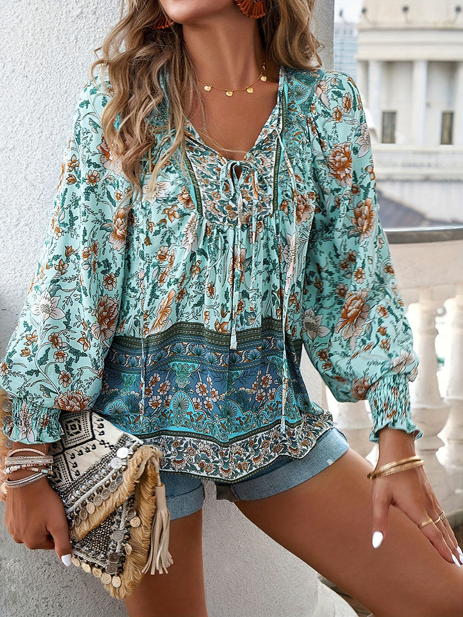 Printed V-neck long-sleeved shirt