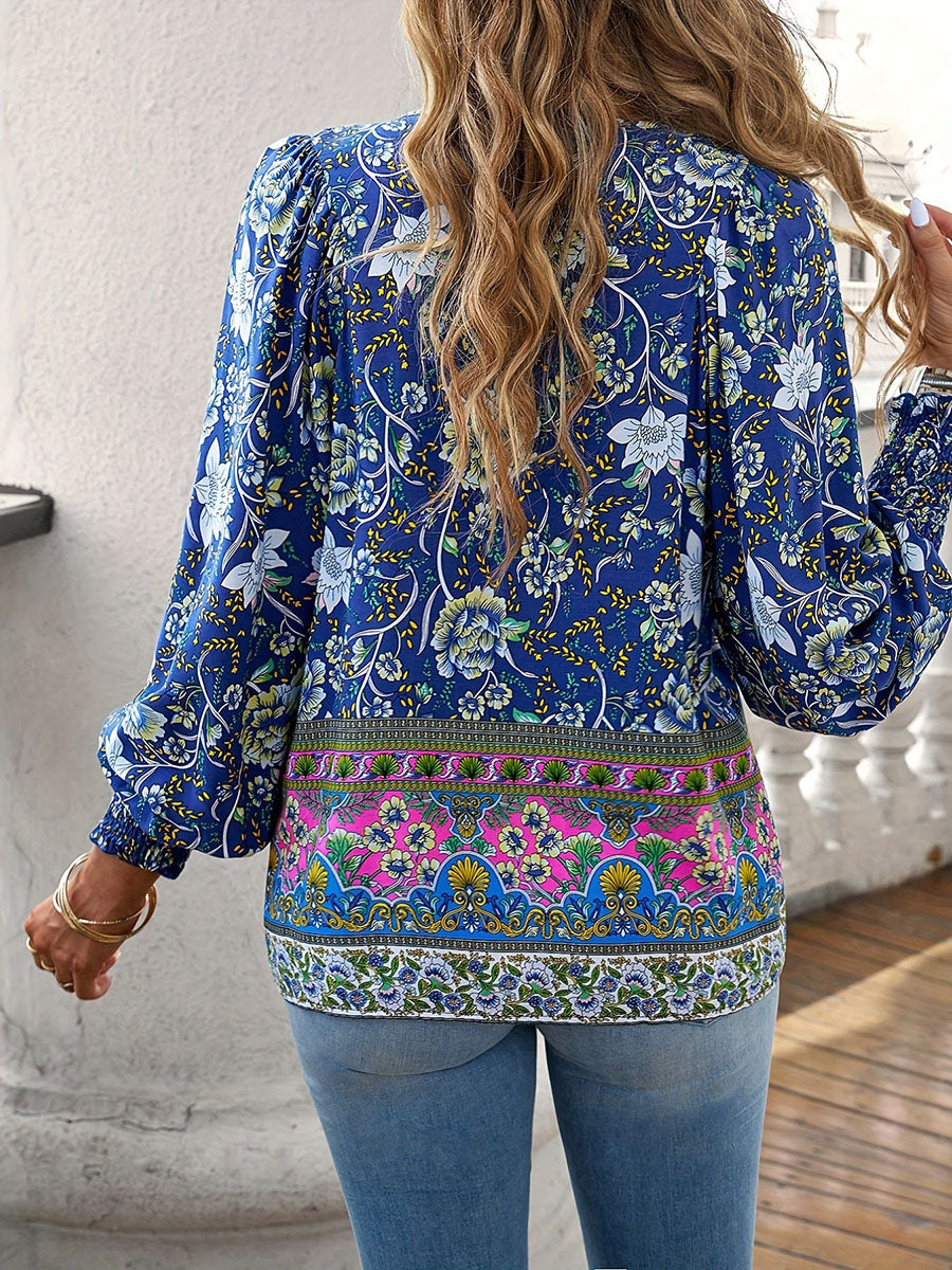 Printed V-neck long-sleeved shirt