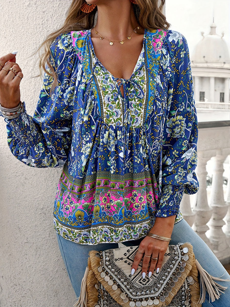 Printed V-neck long-sleeved shirt