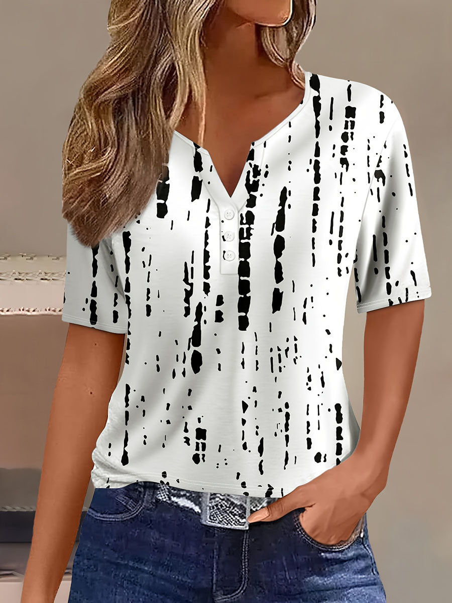 V-neck T-shirt three-button printed short sleeve