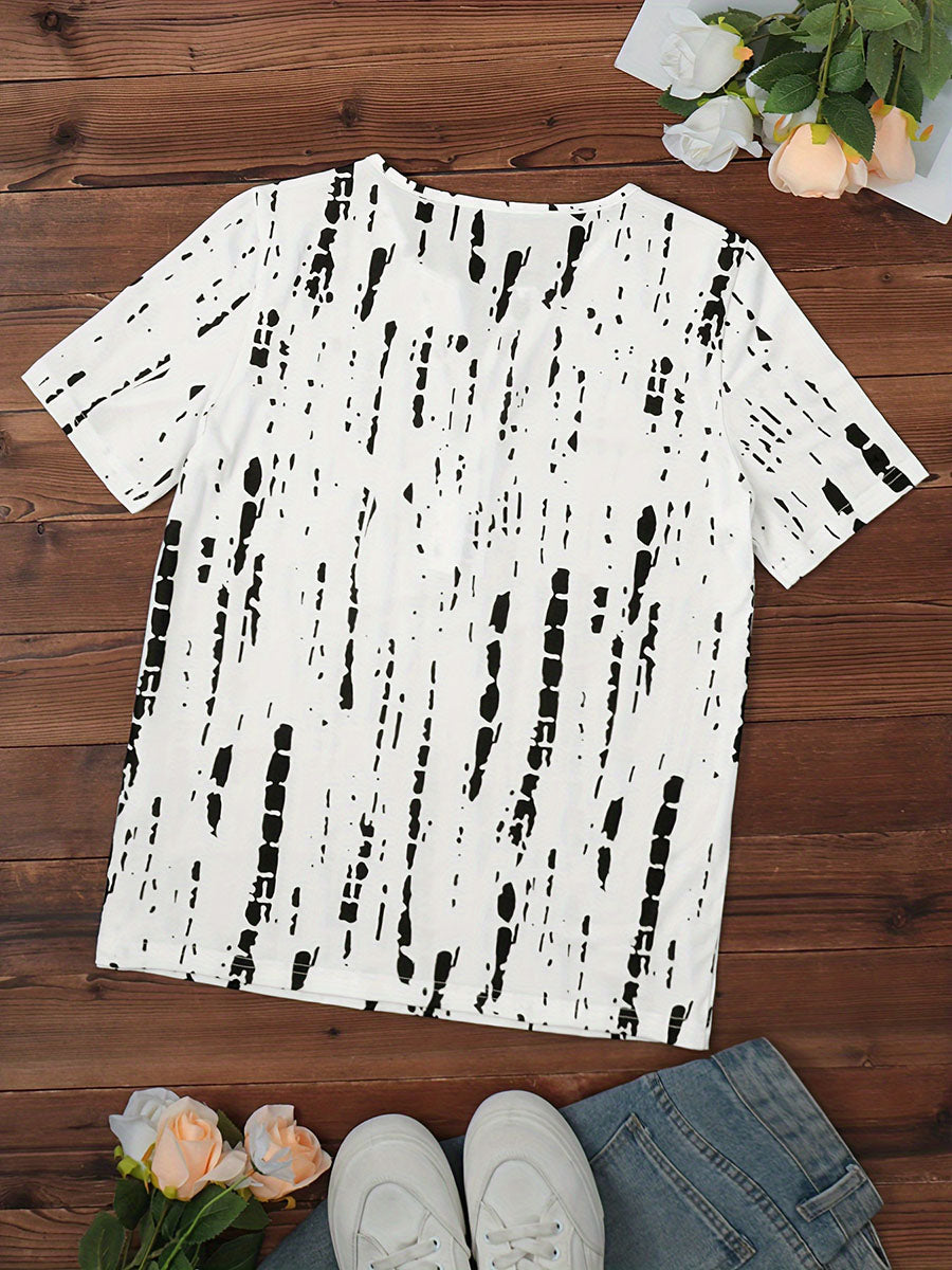 V-neck T-shirt three-button printed short sleeve