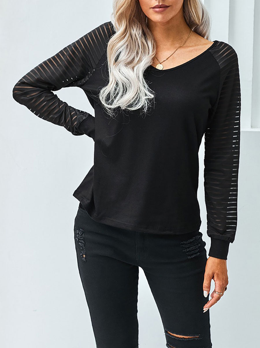 Bellevoga Hollow Striped Long Sleeve V-Neck Top(6 colors)