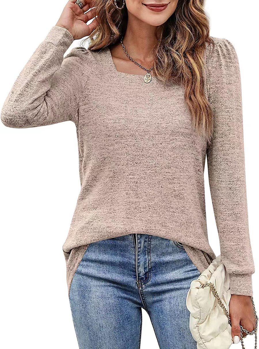 Bellevoga Solid Color U-Neck Ruffled Long Sleeve Casual Shirt