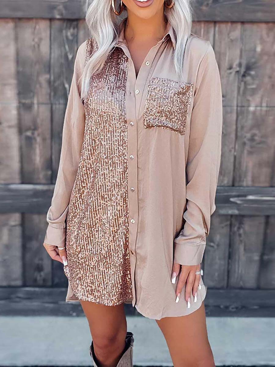 Bellevoga Satin Sequin Button Down Shirt Dress