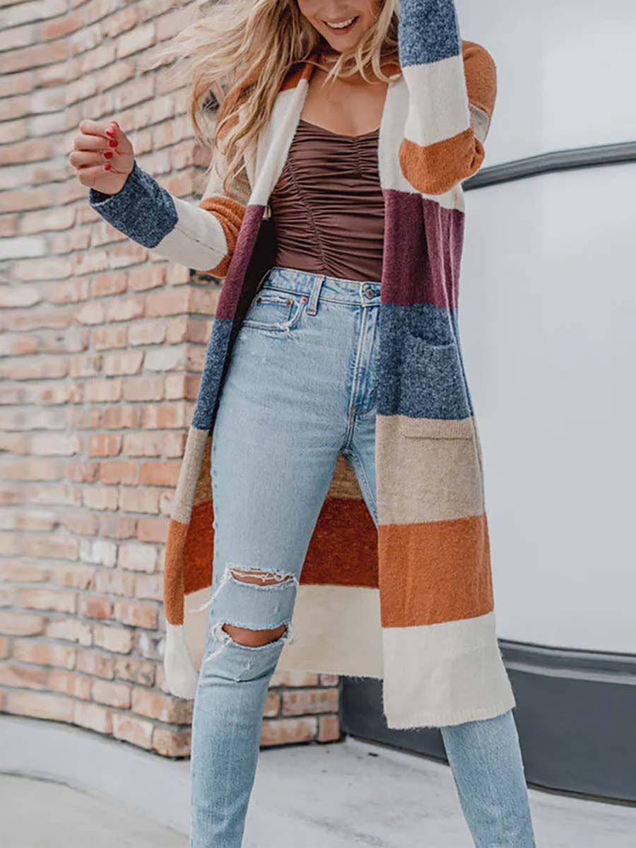 Bellevoga Multicolor Knitted Color Block Open Front Long Cardigan