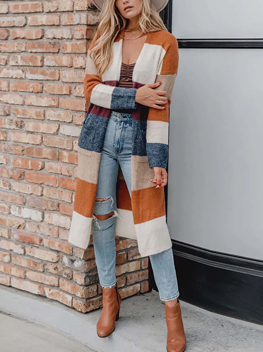 Bellevoga Multicolor Knitted Color Block Open Front Long Cardigan