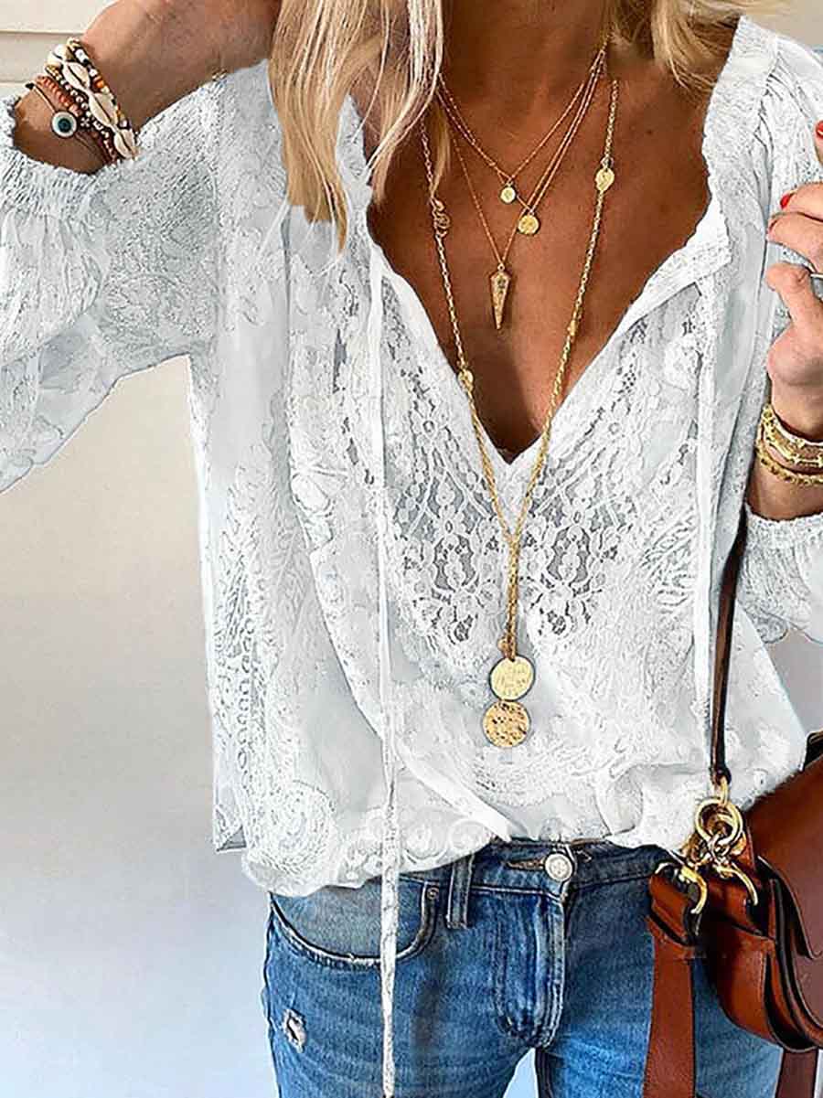 Bellevoga Printed Solid Color Lace Shirt