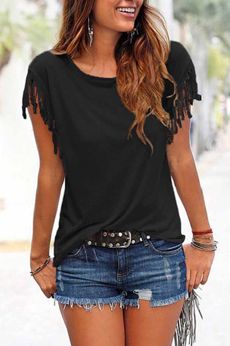 Bellevoga Short-sleeve Loose Tassel T-shirt(3 Colors)